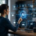 A modern workspace featuring a holographic AI interface, digital data visualizations, and a person interacting with advanced technology.