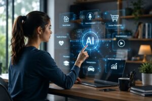 A modern workspace featuring a holographic AI interface, digital data visualizations, and a person interacting with advanced technology.