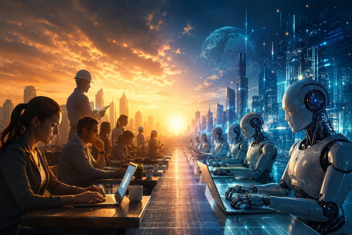 A professional illustrating the balance between artificial intelligence and human workers, symbolizing the future of employment, automation, and emerging career opportunities.