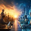 A professional illustrating the balance between artificial intelligence and human workers, symbolizing the future of employment, automation, and emerging career opportunities.