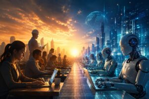 A professional illustrating the balance between artificial intelligence and human workers, symbolizing the future of employment, automation, and emerging career opportunities.