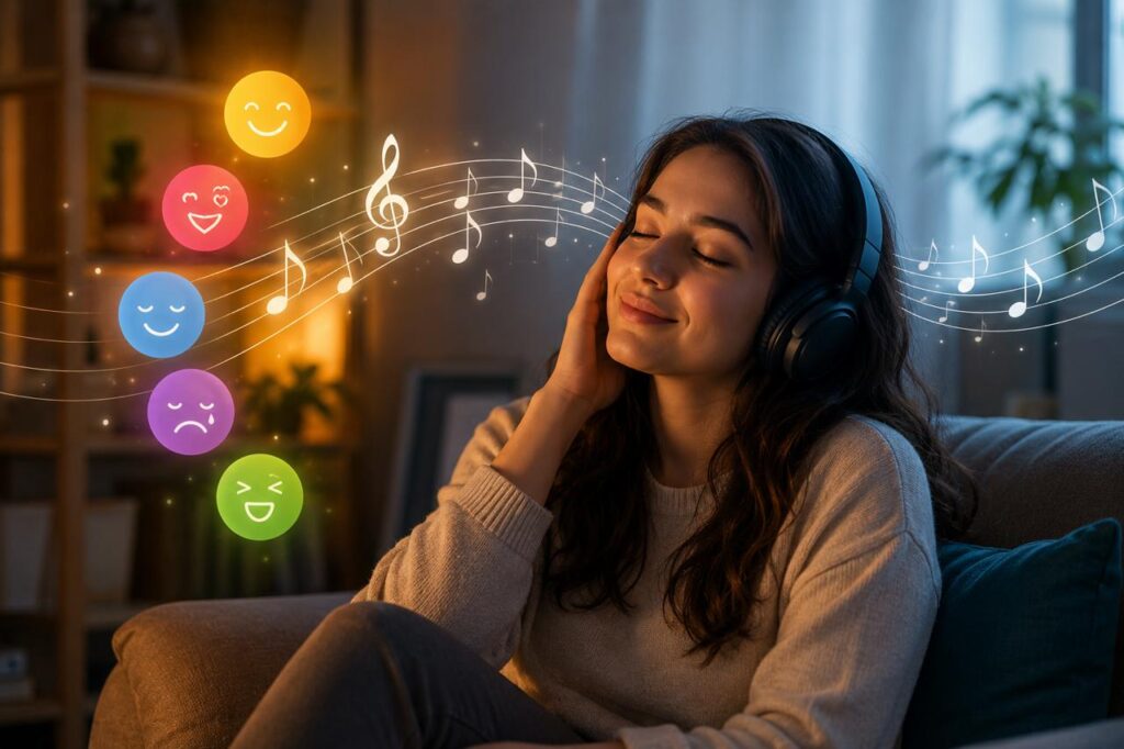 A peaceful scene of a person listening to music with headphones in a cozy environment, visually representing how music can influence mood, emotions, relaxation, and emotional connection.