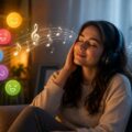 A peaceful scene of a person listening to music with headphones in a cozy environment, visually representing how music can influence mood, emotions, relaxation, and emotional connection.