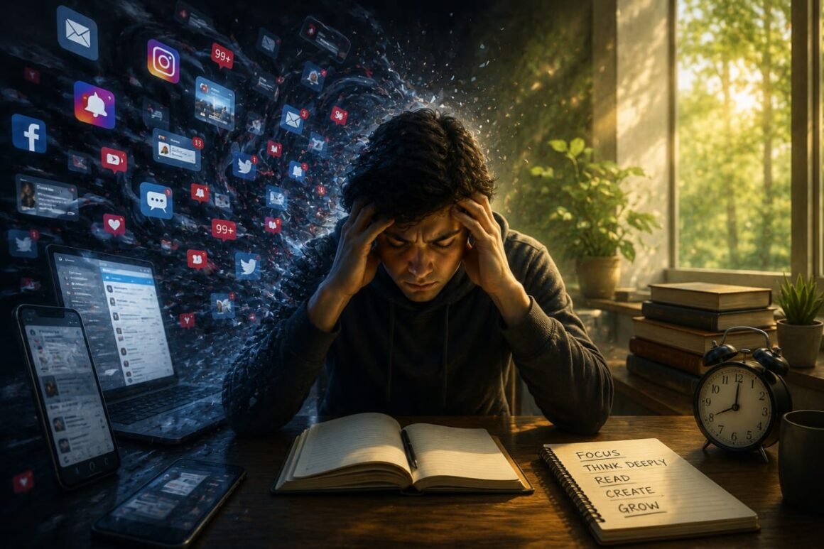 A person sits at a desk surrounded by digital distractions and social media notifications, symbolizing the struggle between deep thinking and constant online stimulation in the digital age. Books, a notebook, and natural light contrast with the overwhelming presence of screens and digital content.