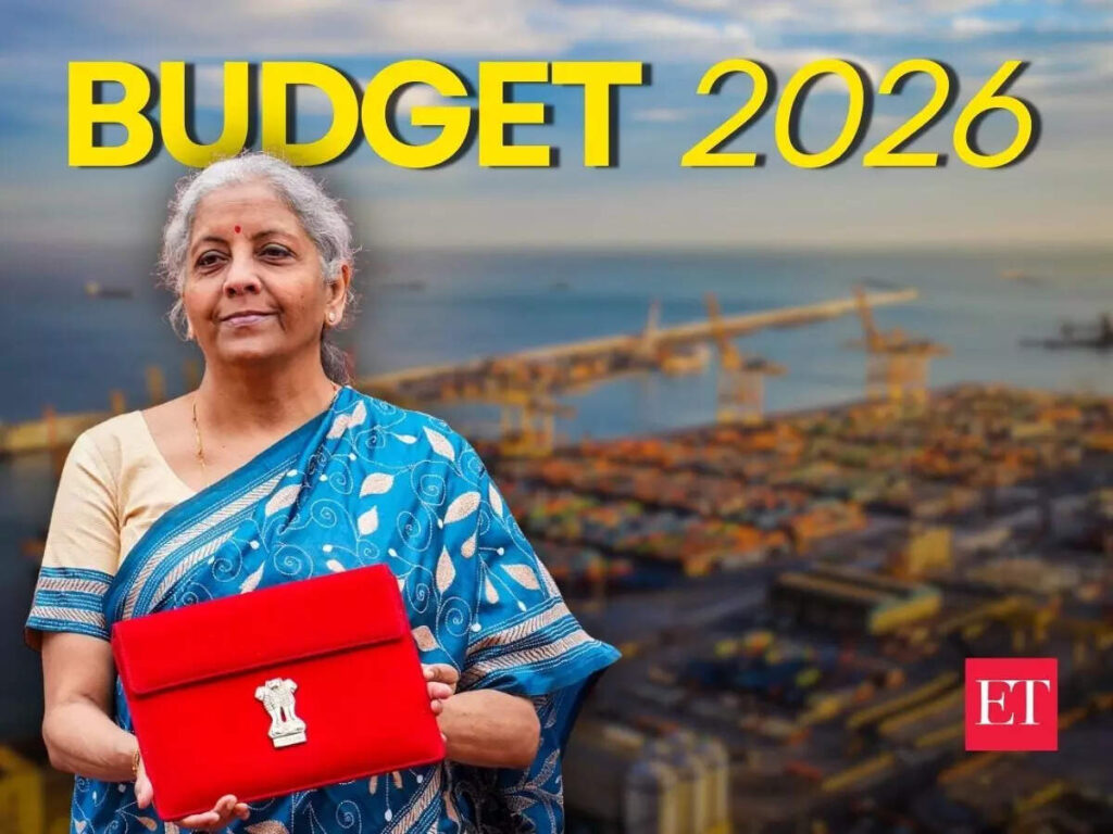 Illustration of India's Union Budget 2026 showing a government budget briefcase, Indian flag, high-speed train, infrastructure projects, agriculture, healthcare, education, renewable energy, and economic growth symbols representing national development.
