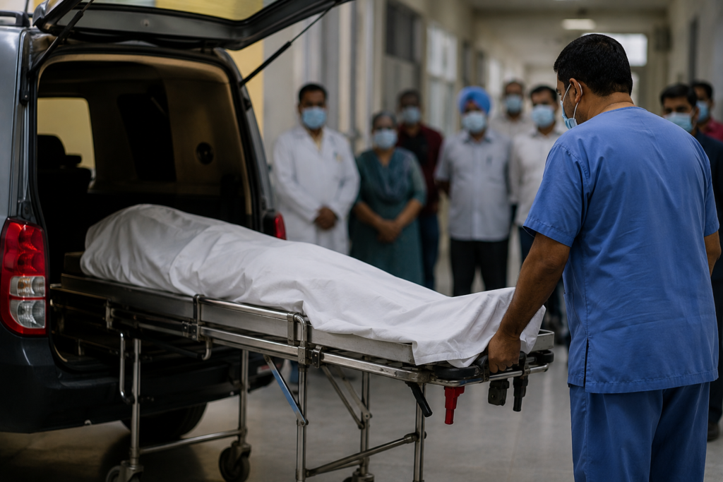 Punjab Revises Rules to Protect Dignity of the Dead Hospital staff respectfully transferring a deceased person while family members and medical personnel observe in a healthcare facility.