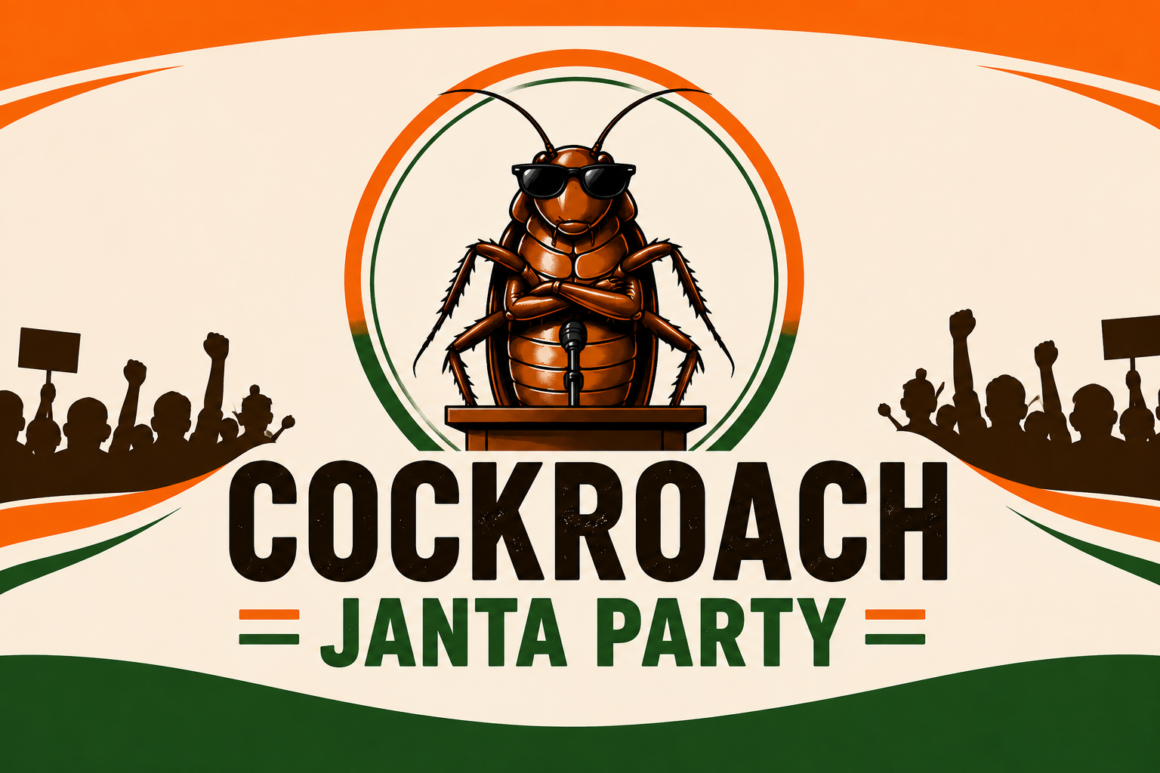 Cockroach Janta Party (CJP) Protesters dressed as cockroaches holding placards during a Cockroach Janta Party rally in India, symbolizing youth resistance and political satire.