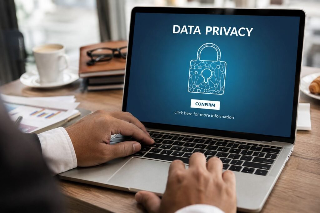 Secure digital data privacy and cybersecurity protection concept with lock and technology network.