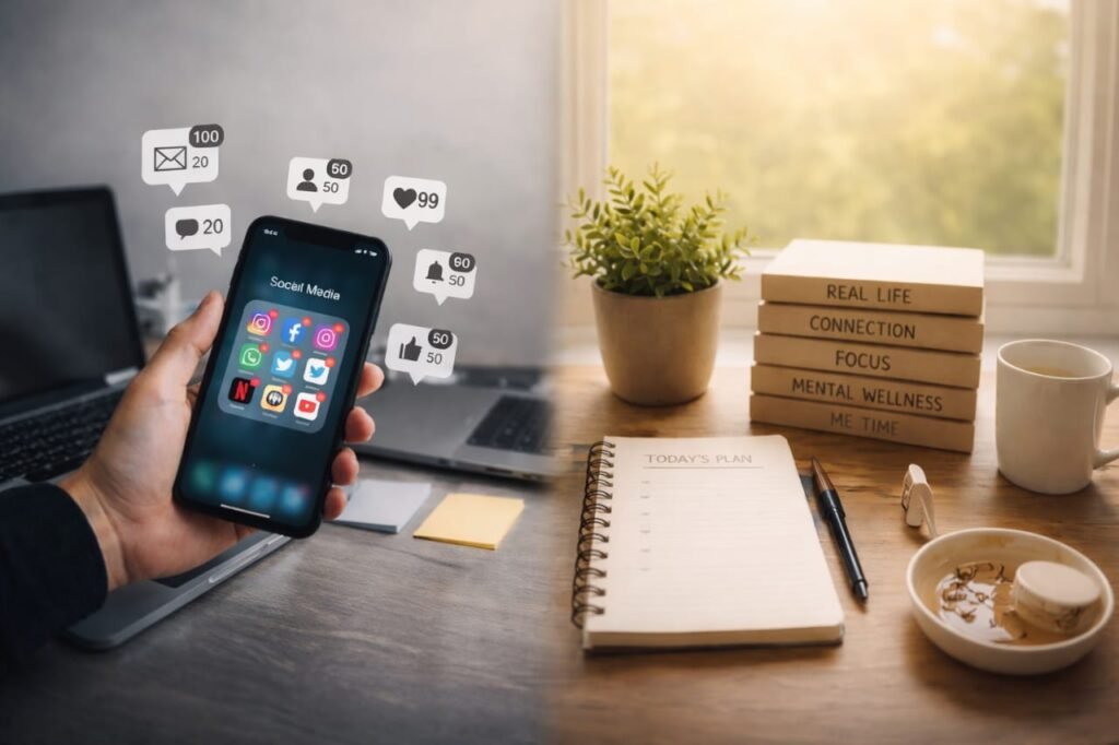 digital minimalism Digital minimalism concept showing mindful smartphone use and a clutter-free workspace for better focus and productivity