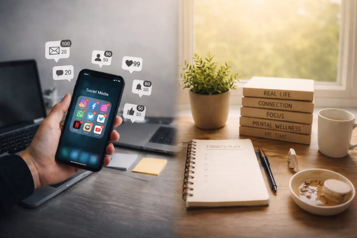 digital minimalism Digital minimalism concept showing mindful smartphone use and a clutter-free workspace for better focus and productivity