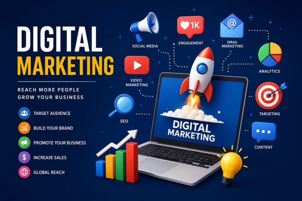 Scope of digital marketing Illustration of digital marketing with SEO, social media, email marketing, analytics, and business growth elements."