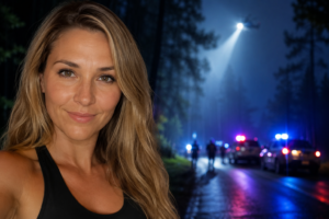 A lone woman walks near the edge of a wooded area at dusk as investigators search for clues in a missing person case in Lexington, South Carolina.