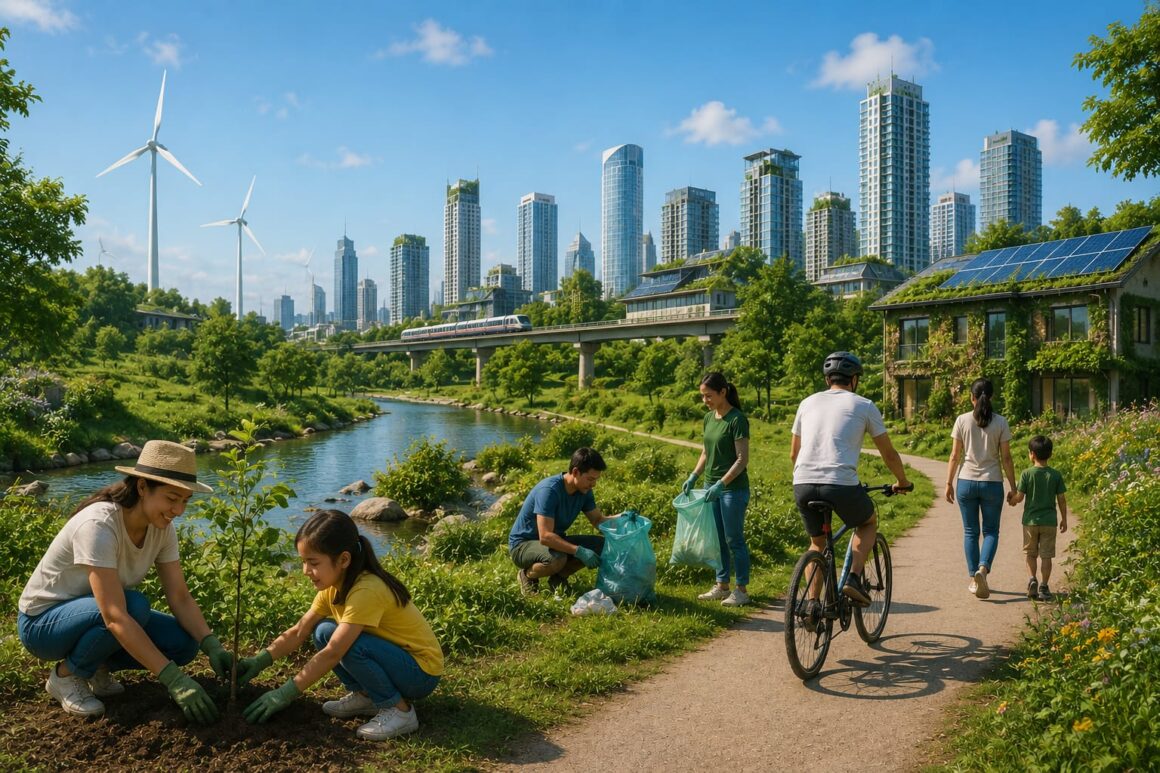 environment and sociey Sustainable city landscape with green spaces, clean energy sources, and citizens promoting environmental responsibility.