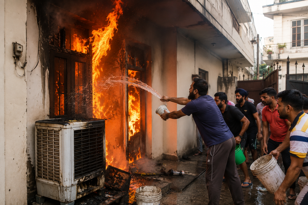 fire House Catches Fire Due to Cooler Short Circuit in Jalandhar; Residents Extinguish Flames by Pouring Water