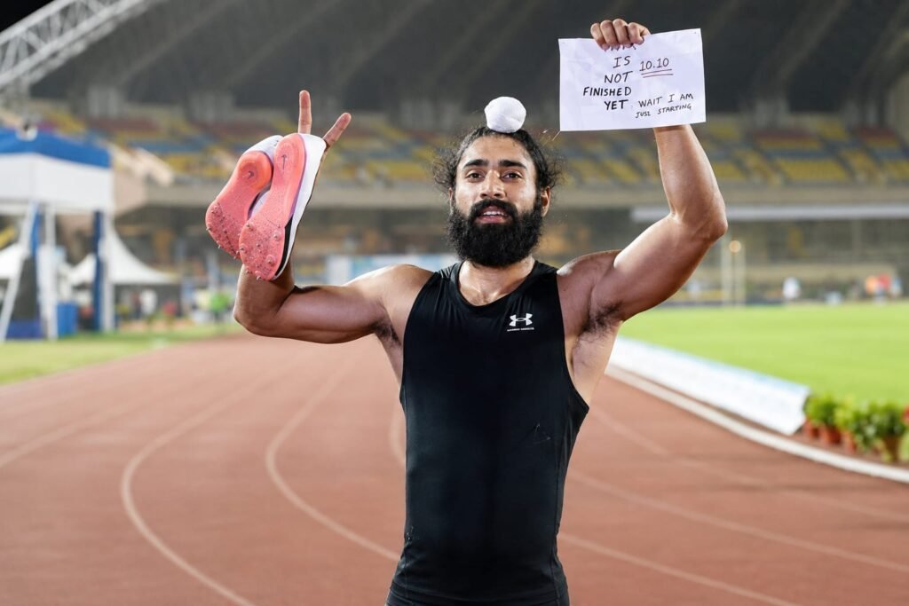 hp Gurindervir Singh celebrates after setting a new Indian men's 100m national record with a time of 10.09 seconds at the National Senior Federation Athletics Championships. Featured Image Title Gurindervir Singh Becomes India's Fastest Sprinter with Historic 10.09s Run
