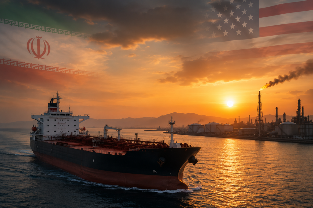 Iran Oil Shipments Resume Amid Rising Middle East Tensions Large oil tanker sails near an oil export terminal at sunset as geopolitical tensions in the Middle East raise concerns about global energy supplies and market stability.