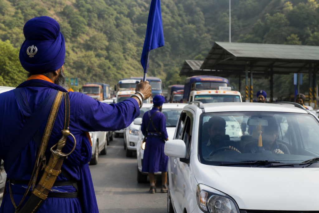 khalsa tax Nihang Sikh members stand along a highway near the Punjab-Himachal border as vehicles queue on a busy road amid a dispute over entry taxes.