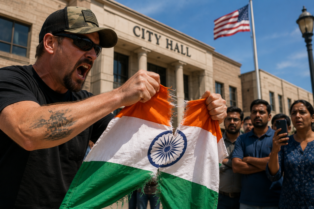 man tearing flage outside hall