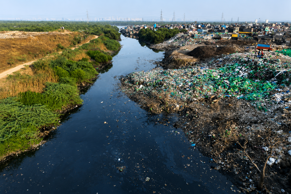 ocean pollution Cleanup barriers installed in Mumbai waterways to capture floating plastic waste before it reaches the Arabian Sea.