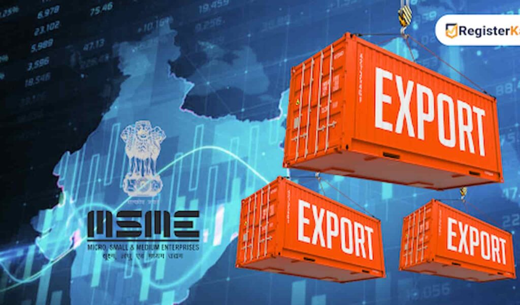 msme Illustration of bright orange shipping containers labeled “EXPORT” being lifted by cranes against a digital background featuring a map of India, stock market graphs, and the MSME (Micro, Small & Medium Enterprises) logo, symbolizing export growth and trade development in India.