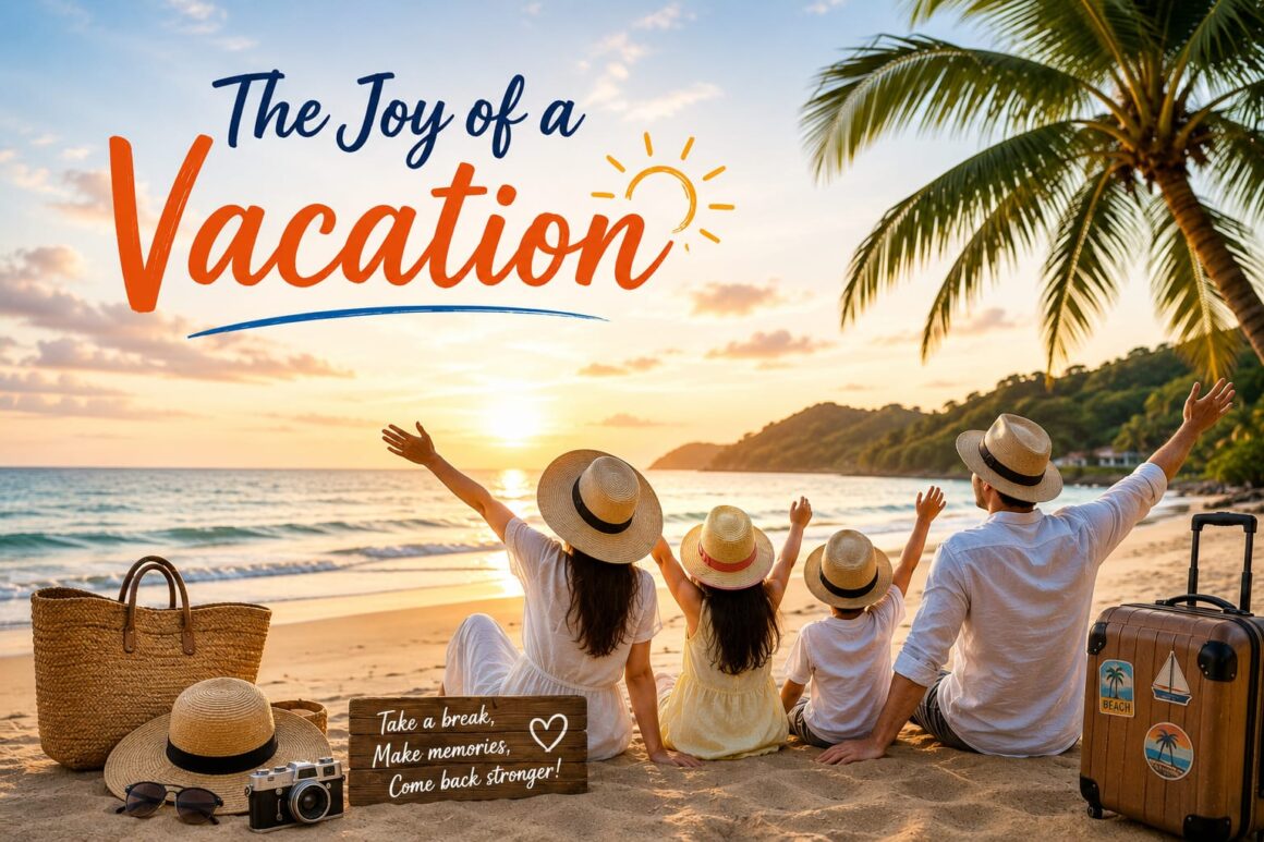 A happy family enjoying a vacation in a scenic natural setting, surrounded by mountains, greenery, and sunshine, creating memorable moments together. The Joy of a Vacation: Relax, Explore, and Rejuvenate
