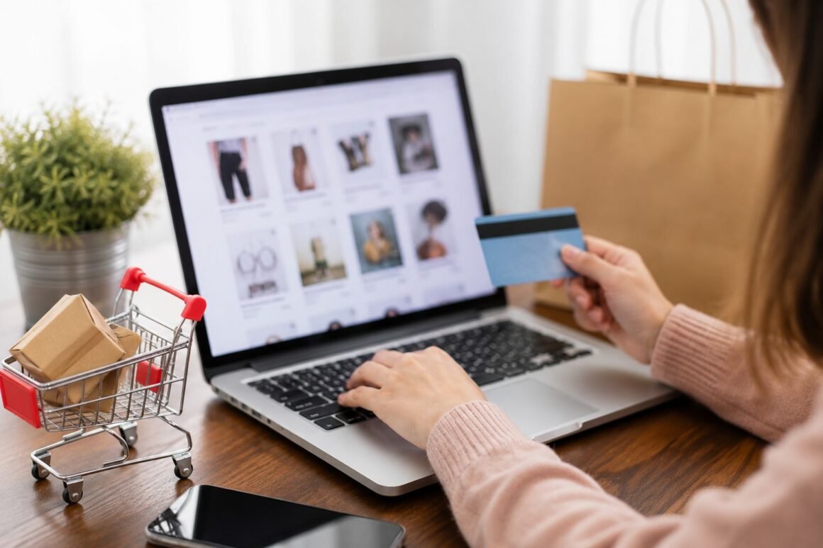 Customer shopping online using a laptop with digital shopping icons