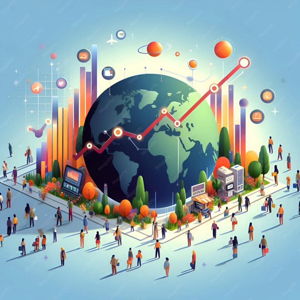Illustrated scene of a global economy with a large Earth at the center, surrounded by colorful bar charts, icons, and a rising red line graph indicating growth, while diverse people walk and interact in a modern city environment.