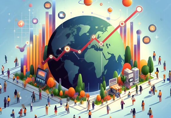 Illustrated scene of a global economy with a large Earth at the center, surrounded by colorful bar charts, icons, and a rising red line graph indicating growth, while diverse people walk and interact in a modern city environment.