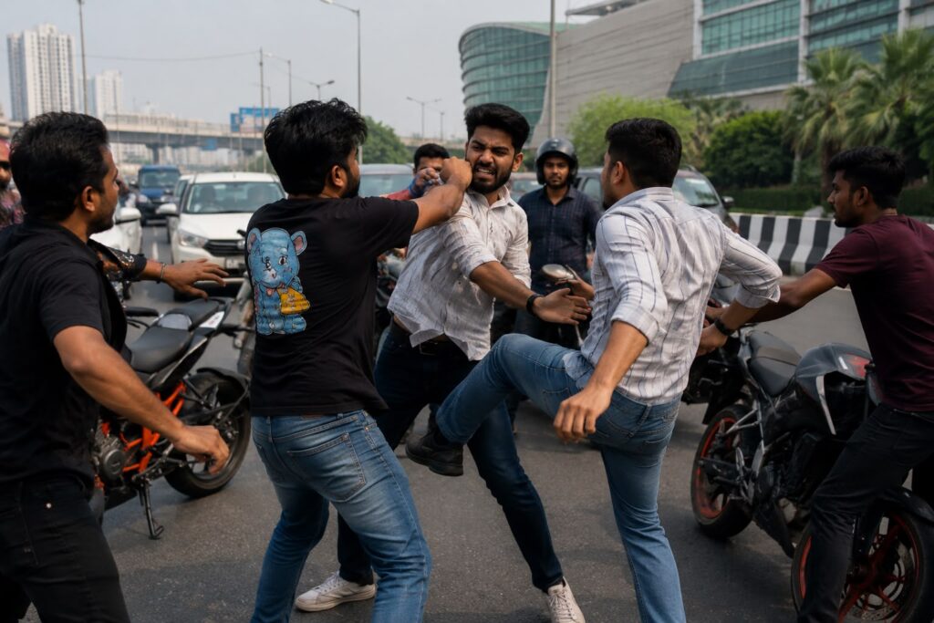Brawl Between Bike Riders on NH-48 Near Gurugram’s Ambience Mall, Video Goes Viral on Social Media Viral video shows alleged road rage incident near Ambience Mall on the Delhi-Haryana border.