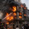 Emergency teams rush to control blaze after multiple cylinder blasts.