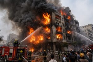 Emergency teams rush to control blaze after multiple cylinder blasts.