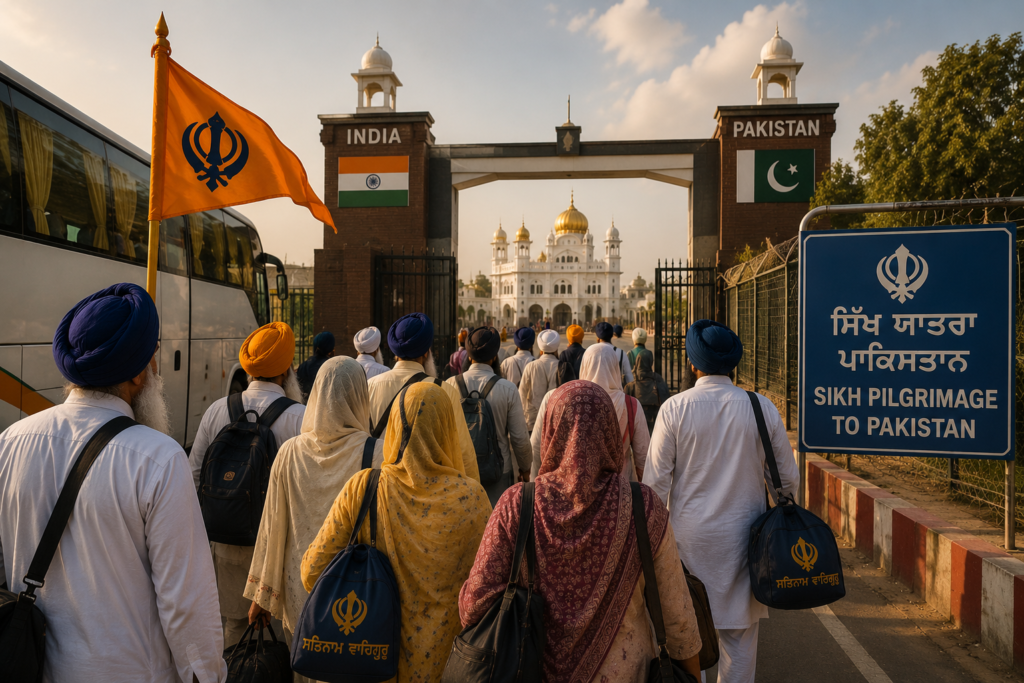 sikh pilgrimage Sikh pilgrims carrying luggage and religious symbols walk toward the India-Pakistan border crossing as they begin a pilgrimage to historic Sikh shrines in Pakistan to mark Guru Arjan Dev Ji's martyrdom anniversary.