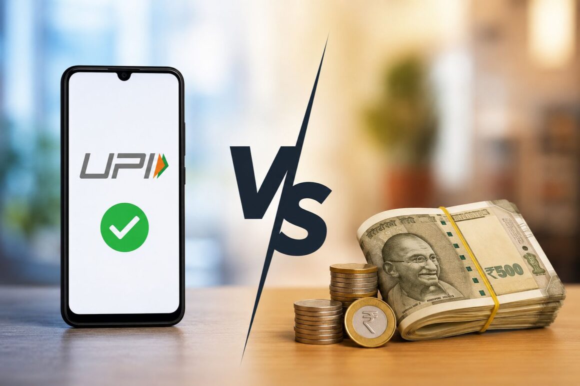 Smartphone showing digital payment and Indian currency notes representing UPI vs cash payment methods in India.