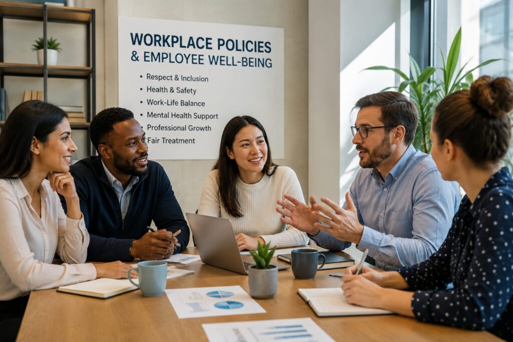 Employees working in a positive workplace environment supported by effective workplace policies and employee well-being initiatives