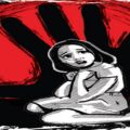 Silhouette of a distressed young girl sitting with her head down while family members offer support during a difficult situation.