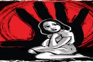 Silhouette of a distressed young girl sitting with her head down while family members offer support during a difficult situation.