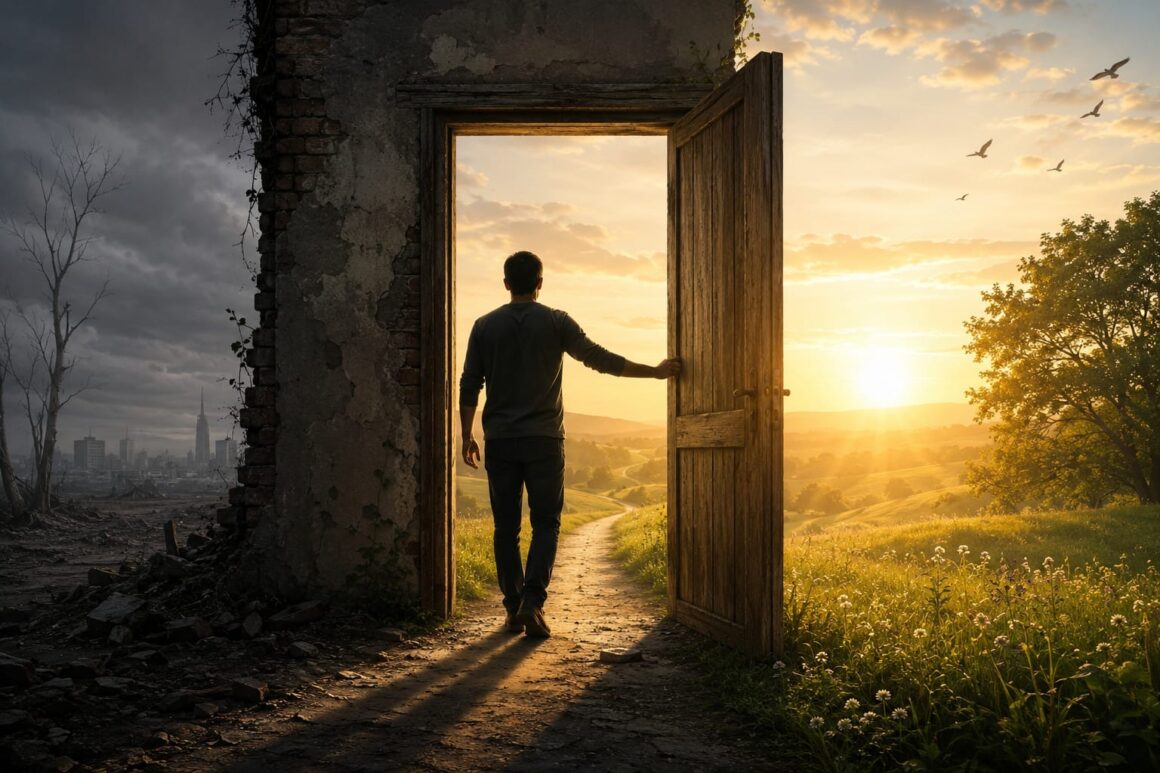 A person walking towards sunrise after overcoming challenges