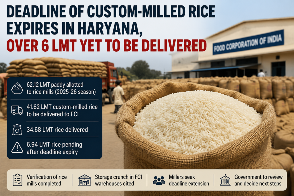 Deadline of custom-milled rice expires in Haryana, over 6 LMT yet to be delivered