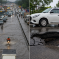 Waterlogged roads and damaged NH-48 after heavy rainfall in Gurugram