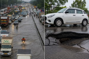 Waterlogged roads and damaged NH-48 after heavy rainfall in Gurugram