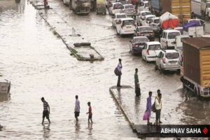 Heavy Haryana rain causes knee-deep water at Faridabad bus stand as Gurugram records the highest rainfall and IMD issues an Orange Alert.