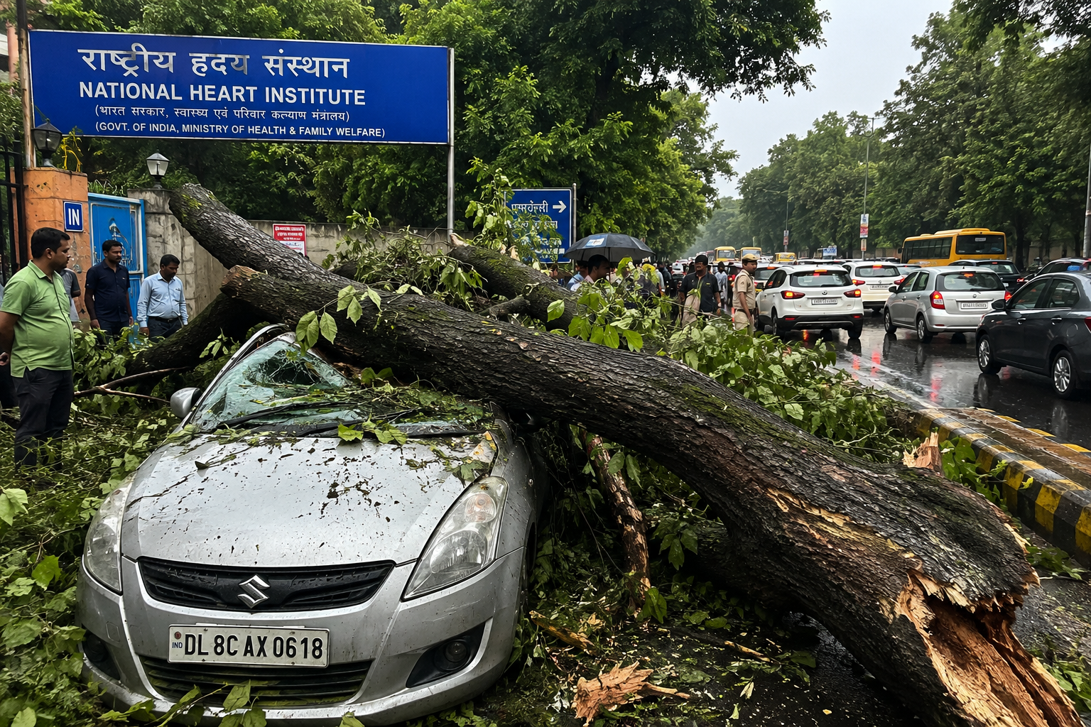 Tree Falls on Car Outside Delhi's National Heart Institute, Disrupts Traffic Tree falls on a car outside Delhi's National Heart Institute, causing vehicle damage and traffic disruption as authorities clear the road after bad weather.