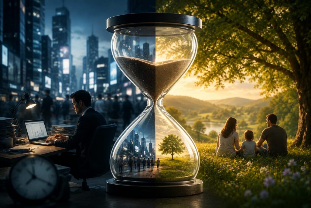 An hourglass placed beside a notebook and a clock, symbolising the importance of time management
