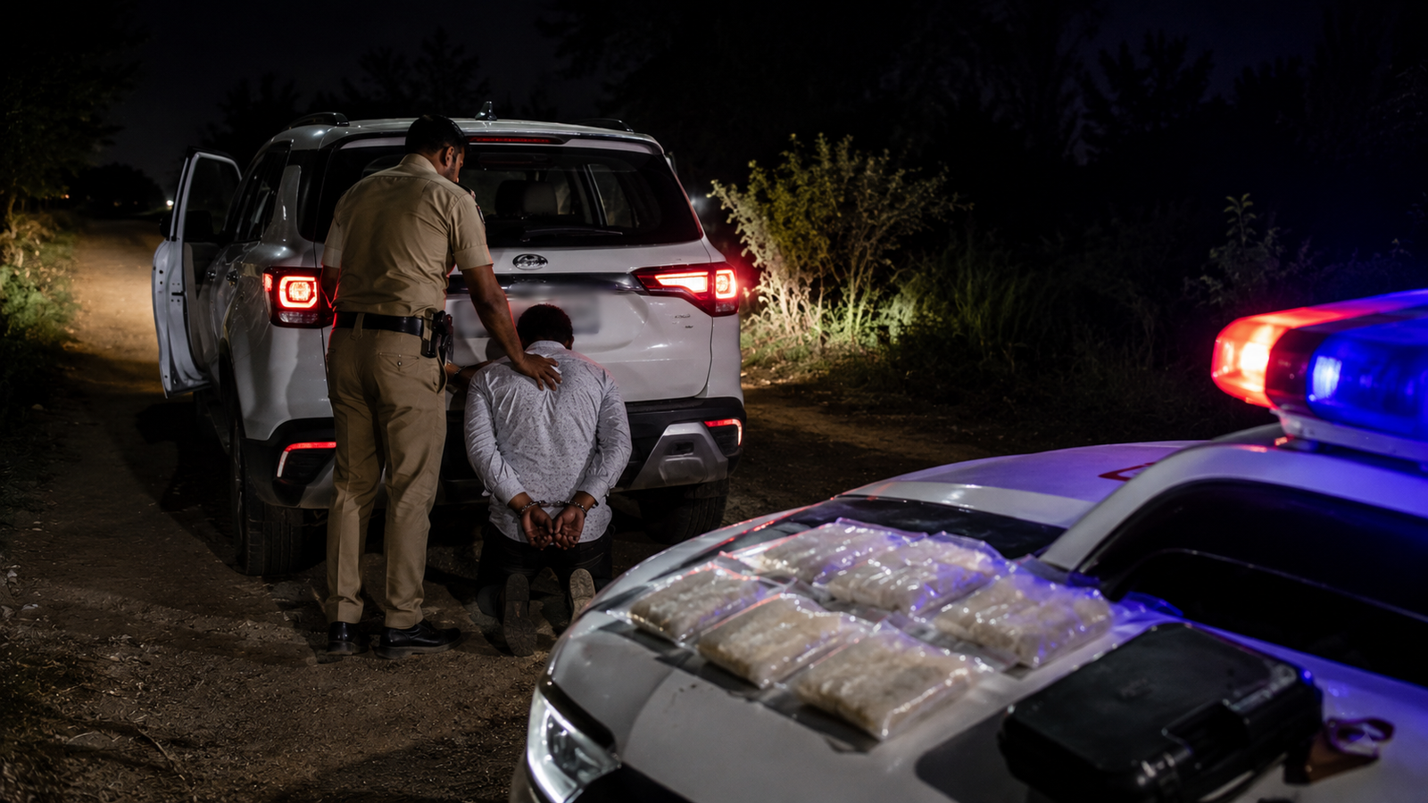 Kaithal Police Encounter – Drug Smuggler Arrested Police arresting a suspected drug smuggler during a nighttime anti-narcotics operation in Kaithal, Haryana.