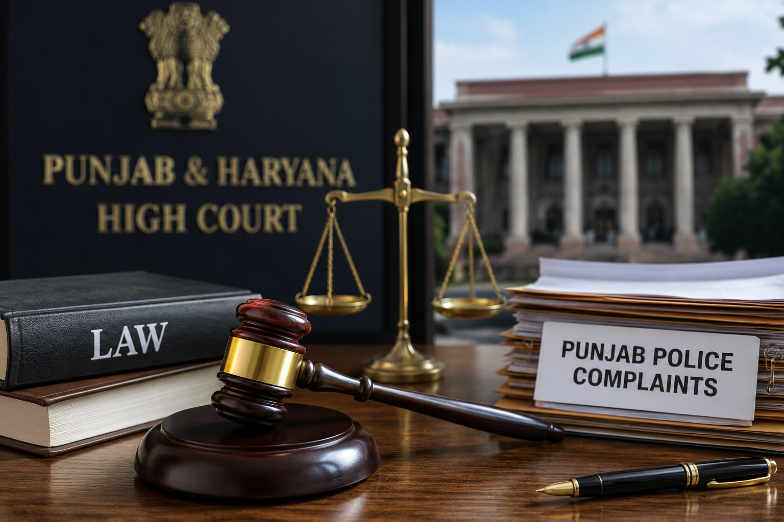 Punjab Police complaints and High Court proceedings represented by a judge’s gavel and legal documents