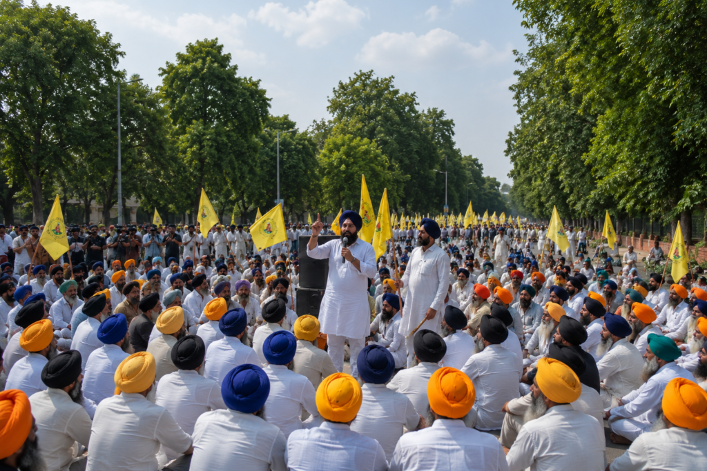 punjab protest Waris Punjab De protest in Chandigarh with Sikh protesters gathered on a road