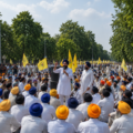 Waris Punjab De protest in Chandigarh with Sikh protesters gathered on a road