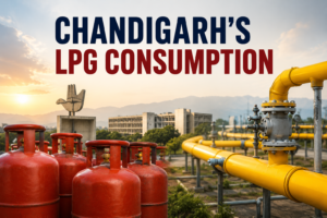 Chandigarh LPG consumption remains above the national average despite PNG expansion, with LPG cylinders and PNG gas pipelines shown in an editorial cityscape.