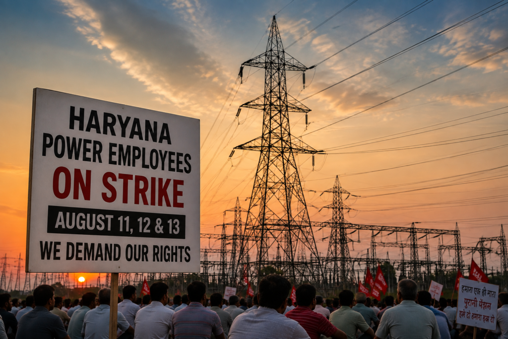 Haryana power transmission lines and electricity infrastructure during a statewide power employees strike