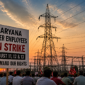 Haryana power transmission lines and electricity infrastructure during a statewide power employees strike